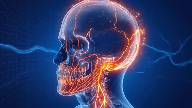 3D animation of human skull with glowing red neural pathways or pain in jaw and head. Medical visualization of migraine, toothache or brain activity on blue background.