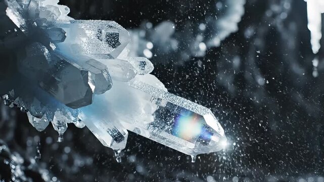 Close-up of a beautiful crystal formation with water droplets.