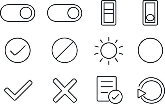 Line style vector icons of Interface toggle icons: toggleon, toggleoff, switchon, switchoff; enable, disable, active, inactive;