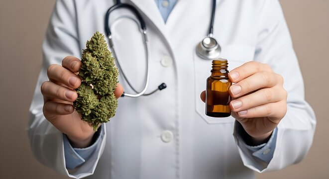 Doctor holding cannabis and bottle