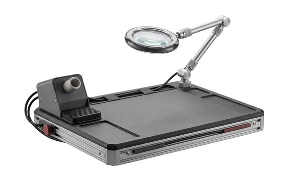 Compact combined workbench with a built-in magnifying lamp and soldering station.
