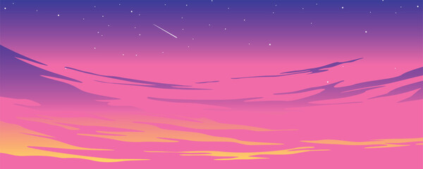 Colorful pink and purple sunset sky with soft clouds, stars and shooting star, vibrant gradient background, dreamy twilight flat vector illustration. © Dima