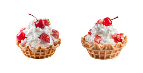 Gourmet Strawberry and Cherry Ice Cream Sundae in Waffle Basket