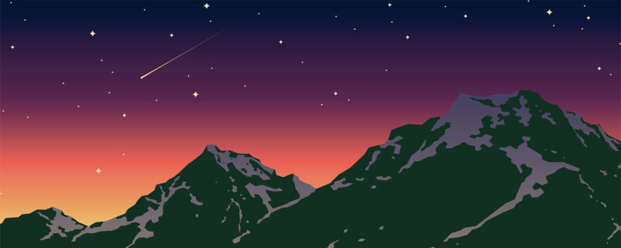 Mountain peaks at sunset under starry night sky with shooting star, colorful orange to purple gradient horizon, scenic nature flat vector illustration.