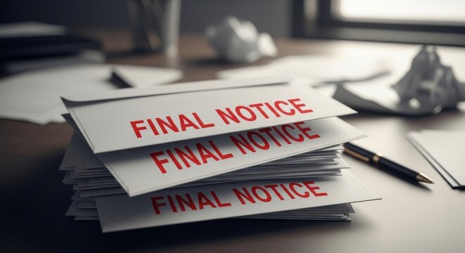 Final Notice Letters Stacked On Desk Financial Trouble Concept