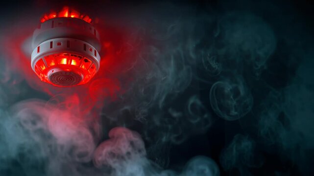 Home security protection equipment. Smoke detector with red alarm light in heavy smoke for fire safety and emergency warning footage. Safety alert. 
