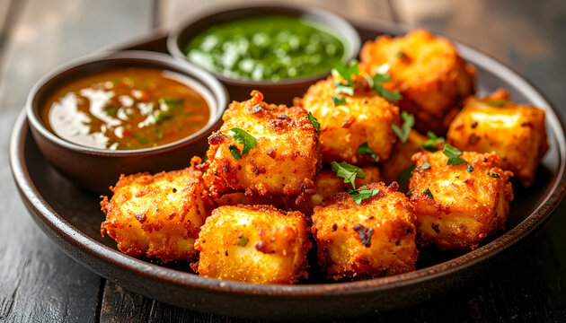 Golden paneer pakoras with green chutney, mint chutney and tamarind sauce, delicious Indian snack.