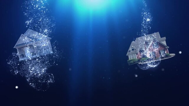 Houses Underwater Splashdown 4K Loop features an underwater scene with houses splashing down and floating up in a loop.