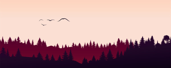 Fototapeta premium Forest silhouette landscape at sunset with flying birds and warm red gradient sky, layered pine trees, calm evening nature scene, modern flat vector illustration.