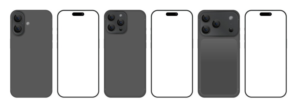 iPhone 16 and 17 Pro Max Realistic Mockup Set. Modern Black Frame Smartphones Front and Back View with Blank Transparent Screen Vector Illustration