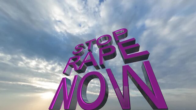 Stop Rape Now 3D Text Against Sky With Bold Purple Retro Music Typography