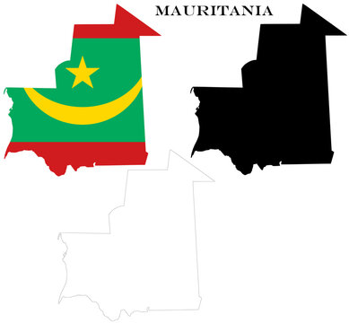 Mauritania Country Maps Bundle with National Flag, Black Silhouette and Detailed Outline Contours