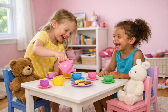 Two little girls having toy tea party with stuffed animals