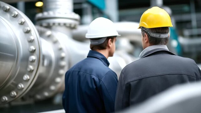 Wide shot of refinery field with faceless engineers inspecting pipe junctions and valve assemblies, complex tangle of tubing in geometric precision, with copy space