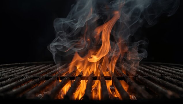 Burning flames on a grill with smoke rising fire