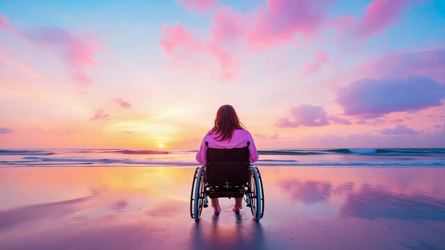 Woman in mobility chair viewing tranquil ocean sunset with vibrant pink and blue cloudscape