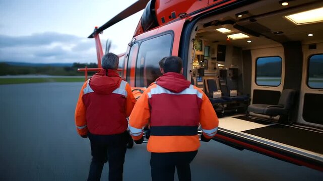 Faceless men in bright red orange jackets paramedics transporting person on stretchers into helicopter, view from behind, motion blur action, with copy space