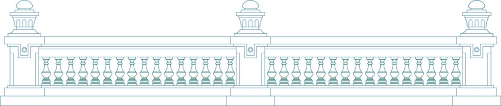 Classical architectural balustrade collection featuring decorative railing, balusters, and ornate pillars in elevation view.