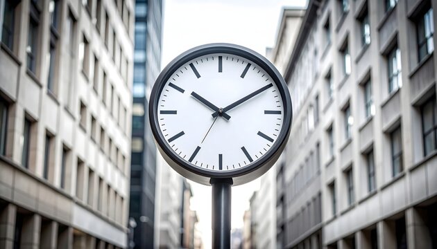 Large round public clock standing in a blurred urban street canyon between modern city buildings representing time management and daily commuting life