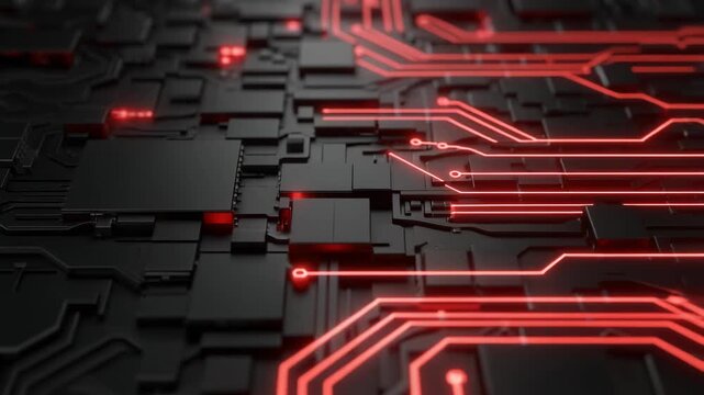 Futuristic black circuit board with glowing red neon data lines and microchips