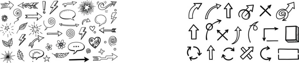 Hand drawn doodle element set featuring crown heart shooting star cloud leaf and decorative swirl ornaments for bullet journal designs © shahariar