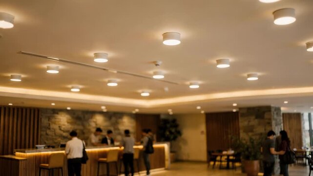 Focused on energyefficient LED bulbs installed in ceiling fixtures of an inn lobby with the bustling floor area subtly blurred to emphasize sustainable illumination practices.