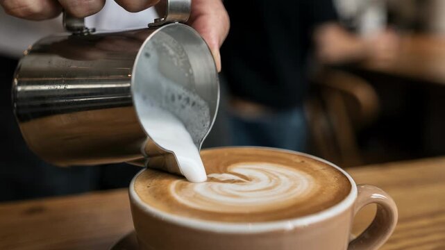 Closeup on baristas hand skillfully creating smooth microfoam for a creamy cappuccino sharp focus on steaming milk with blurred cafe background.