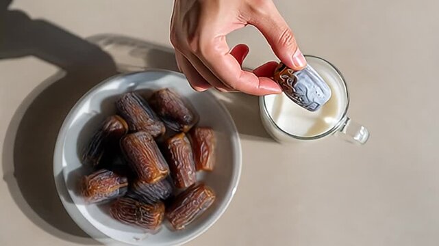 Hand dipping a date fruit into a glass of milk, served with dates