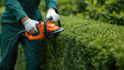 Obraz premium Man in green uniform using orange hedge trimmer on green hedge white gloves