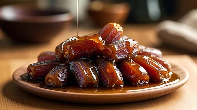 A Delicious Pile of Dates Drizzled with Sweet Syrup on Wooden Plate