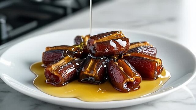 Delicious and Sweet Dates Drizzled with Syrup on a White Plate