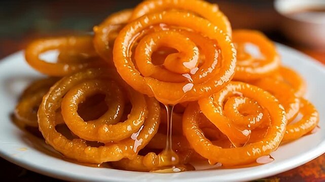 Closeup Shot of Delicious Jalebi with Syrup Drizzling Over Stack on Plate