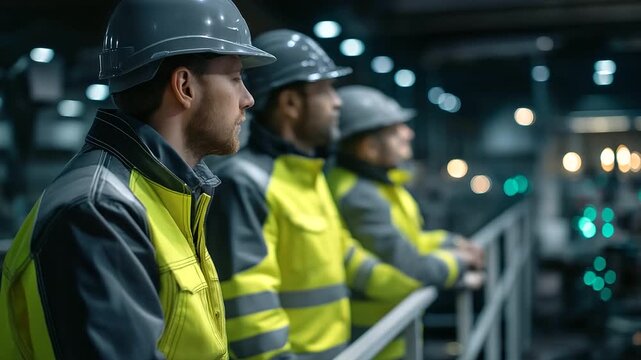 Faceless workers in reflective gear standing along catwalks above machines, overseeing entire mill operation with strong industrial depth and scale, with copy space