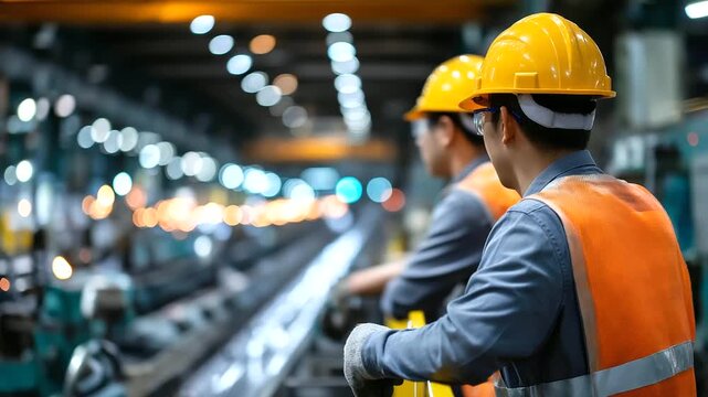 Faceless workers in reflective gear standing along catwalks above machines, overseeing entire mill operation with strong industrial depth and scale, with copy space