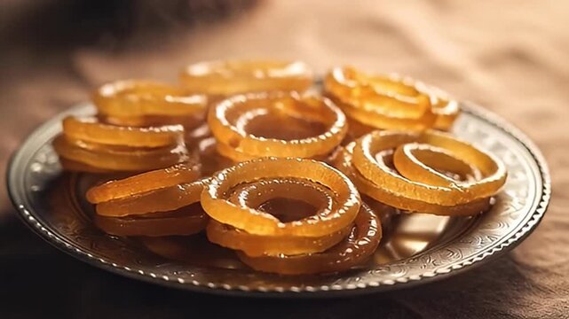 Delicious and tempting plate of traditional Jalebi dessert with sweet syrup