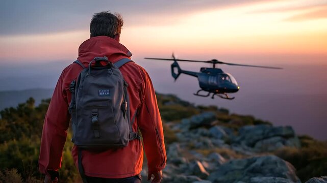 Faceless man in red orange jacket mountain rescue paramedic walking over rocky terrain in evening, helicopter behind, alpine emergency scene, with copy space