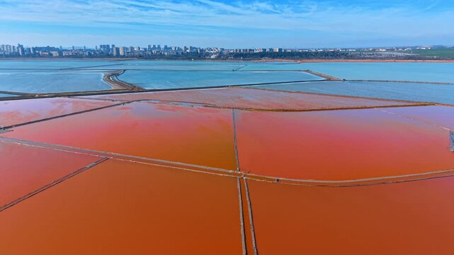 Wide aerial view of pink salt evaporation ponds near city. Panoramic shot of geometric pink and blue saline pools with a city skyline in the background.
