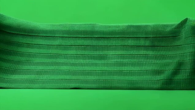 Ultra 4K footage of green checkered fabric on horizontal green screen background smoothly folding to the right emphasizing motion texture seamless transition VFX animation stock 
