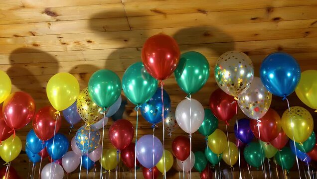 Cinematic 4K slow motion footage of colorful party balloons hanging from wooden ceiling gently swaying capturing festive celebration texture ambient motion event lifestyle decorative stock 