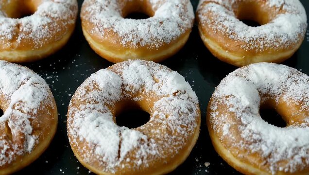 High resolution 4K top down dolly shot of multiple rows of doughnuts sprinkled with sugar on black desk emphasizing pattern texture culinary appeal bakery food stock 