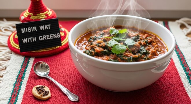 Spicy Misir Wat Lentil Stew with Spinach and Rising Steam on Red-Bordered Shemma with Copy Space