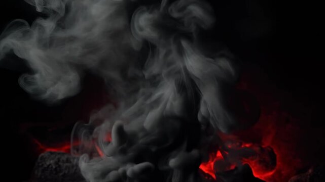 Thick white smoke billowing from red hot glowing coals against black background