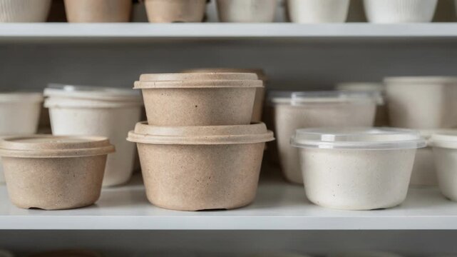 Close centered medium shot of mixed size compostable containers arranged on modern shelving main objects crisp while the backdrop remains softly out of focus.