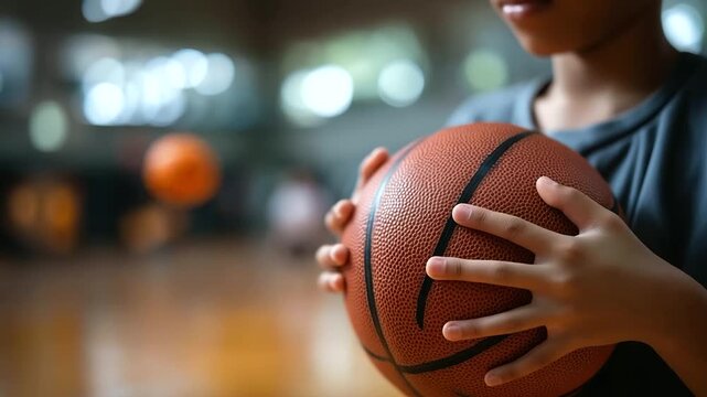 Young basketball player holding classic orange ball with hoop background, junior athlete at training session, youth sports program, school physical education, kid learning