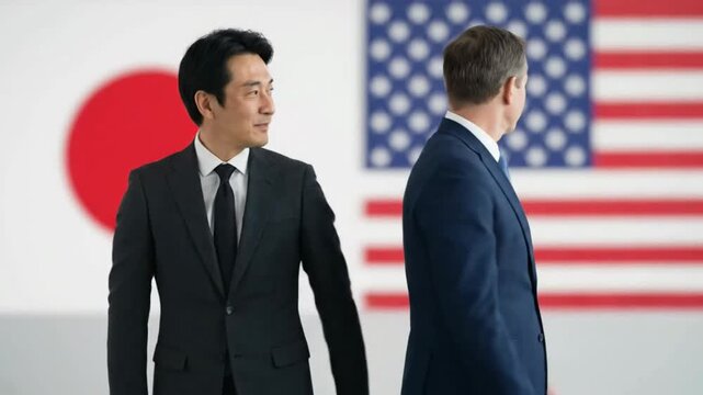 Japanese and American business leaders standing against national flags