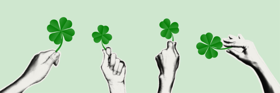 Halftone hands holding green four leaf clover. St Patrick&rsquo;s Day good luck symbol. Lucky charm. Retro pop art collage elements for mixed media design. Vector Illustration for 17 march card