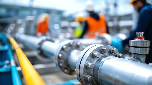 Wide shot of refinery field with faceless engineers inspecting pipe junctions and valve assemblies, complex tangle of tubing in geometric precision, with copy space
