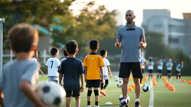 Anonymous group of children attending soccer class with coach, faceless school kids running and kicking balls, summer training camp activities, football practice session, youth