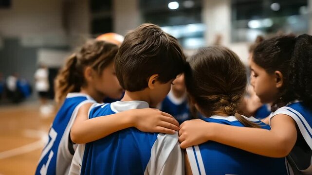 Children sports team united and ready to play game, kids in athletic uniforms preparing together, youth team bonding moment, school sports program, young athletes in formation,