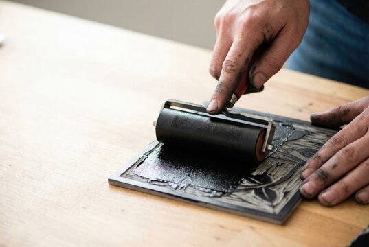 An artist's ink-stained hands use a brayer to roll black ink onto a carved linoleum block for a linocut print on a wooden table.